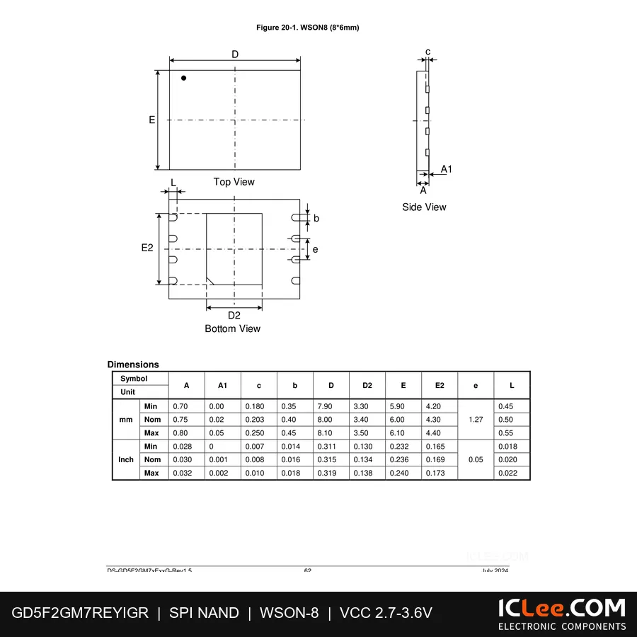 GD5F2GM7REYIGR GigaDevice 0.25GB (2Gbit) FLASH 8-WSON (6x8mm) package outline drawing