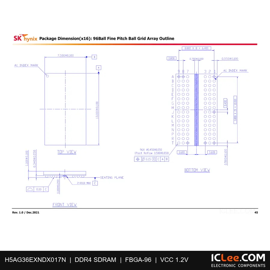 H5AG36EXNDX017N 16Gbit (2GB) DDR5 96-FBGA package outline drawing