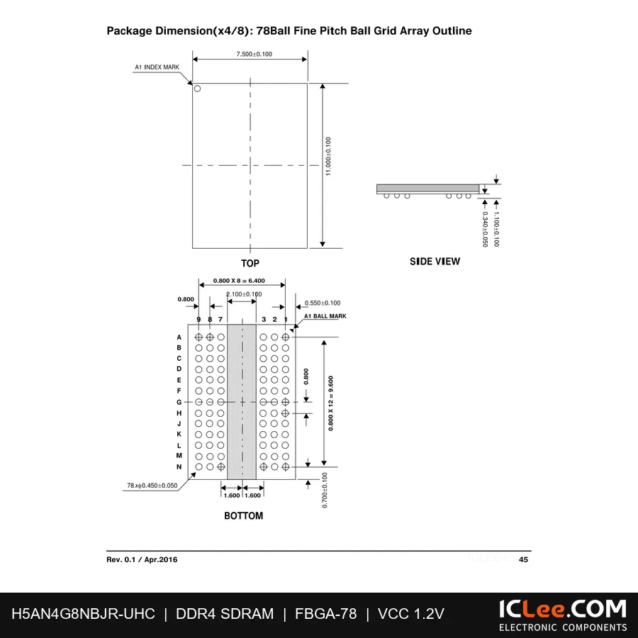 H5AN4G8NBJR-UHC 4Gbit (512MB) DDR4 78-FBGA package outline drawing