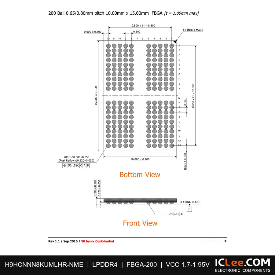 H9HCNNN8KUMLHR-NME HYNIX 8Gbit (1GB) LPDDR4X 200-FBGA package outline drawing
