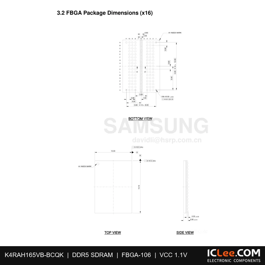 K4RAH165VB-BCQK Samsung 16Gb (2GB) DDR4 96-FBGA pinout diagram