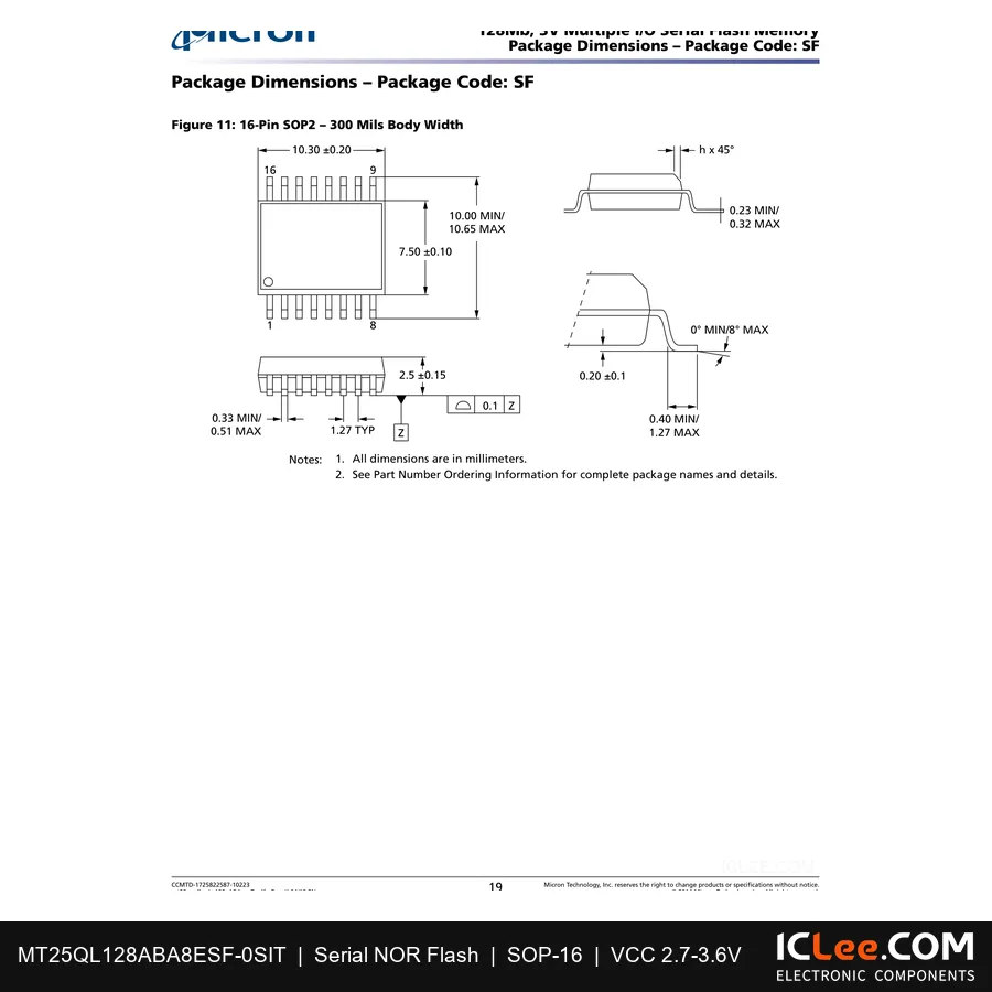 MT25QL128ABA8ESF-0SIT Micron 128Mbit FLASH-NOR 16-SO package outline drawing
