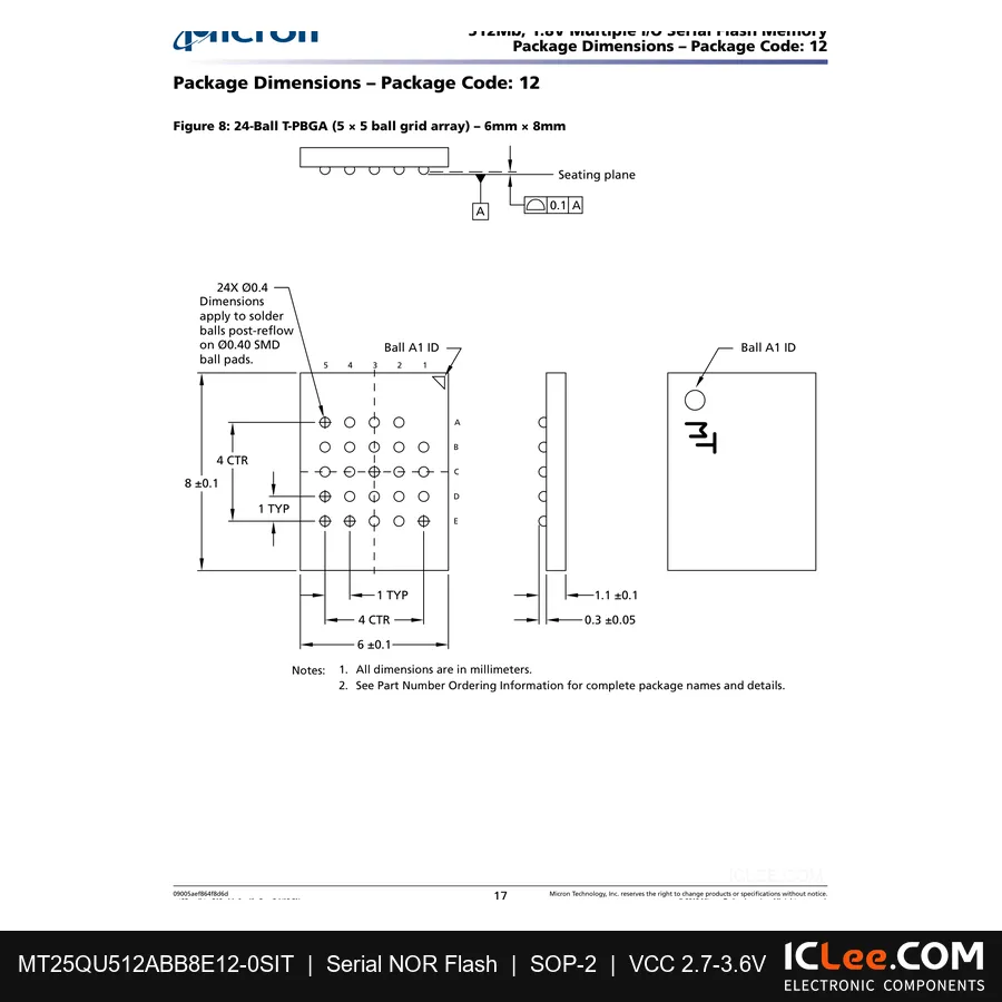 MT25QU512ABB8E12-0SIT Micron 512Mbit FLASH-NOR 24-TBGA package outline drawing