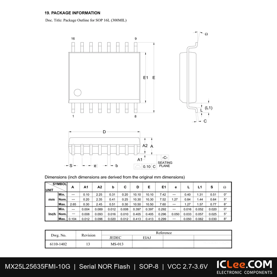 MX25L25635FMI-10G Macronix 256Mbit FLASH-NOR 16-SOP package outline drawing