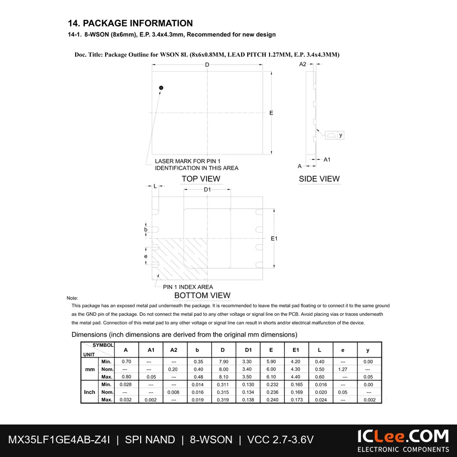 MX35LF1GE4AB-Z4I Macronix 0.13GB (1Gbit) FLASH 8-WSON (8x6) package outline drawing