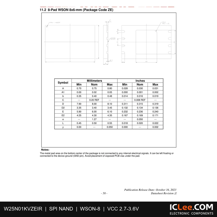 W25N01KVZEIR Winbond 0.13GB (1Gbit) FLASH 8-WSON (8x6) package outline drawing