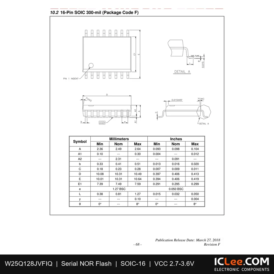 W25Q128JVFIQ Winbond 128Mbit FLASH-NOR 16-SOIC package outline drawing
