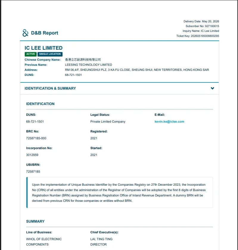 D&B D-U-N-S 687211501 — IC LEE LIMITED (Hong Kong) Lieferantenregistrierung